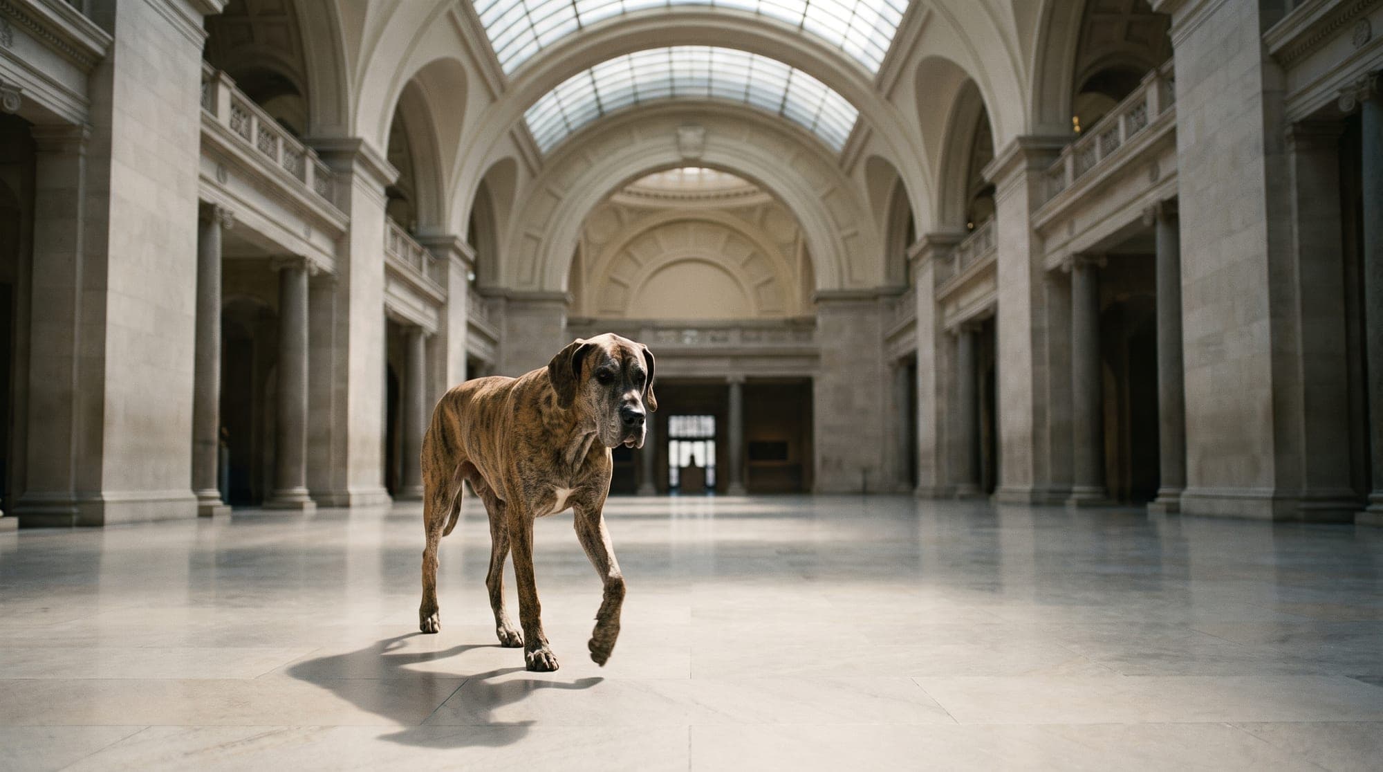 A great dane standing in a sunlit museum hall