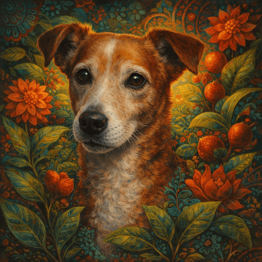 Folk Surrealism pet portrait style